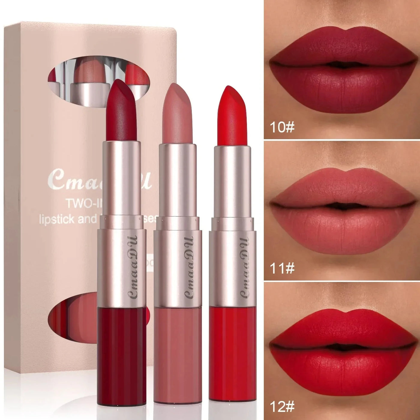 Matte lipstick set with three shades displayed on lips for versatile makeup looks -Shop FeFe’s Fashion LLC