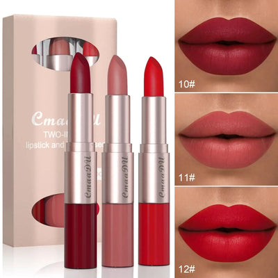 Matte lipstick set with three shades displayed on lips for versatile makeup looks -Shop FeFe’s Fashion LLC
